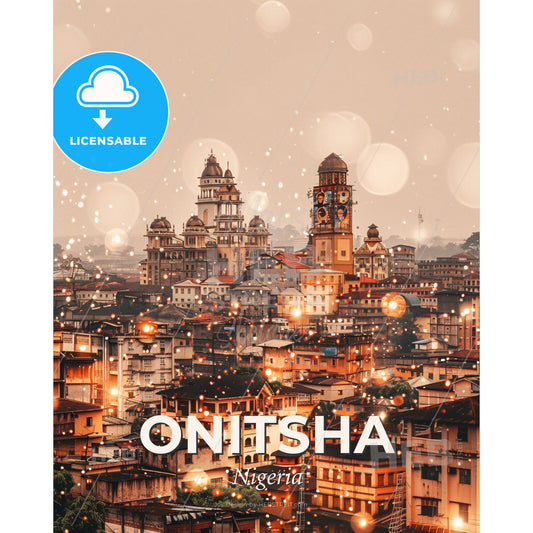 Onitsha City Skyline Double Exposure Poster Art - A city with many buildings and lights - Square format print template