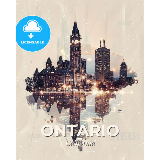Ontario City Skyline Composite Art Poster - A city with a clock tower - Square format print template
