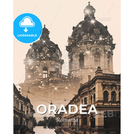 Oradea: Day and Night City Dreamscape Poster - A building with a dome shaped roof - Square format print template