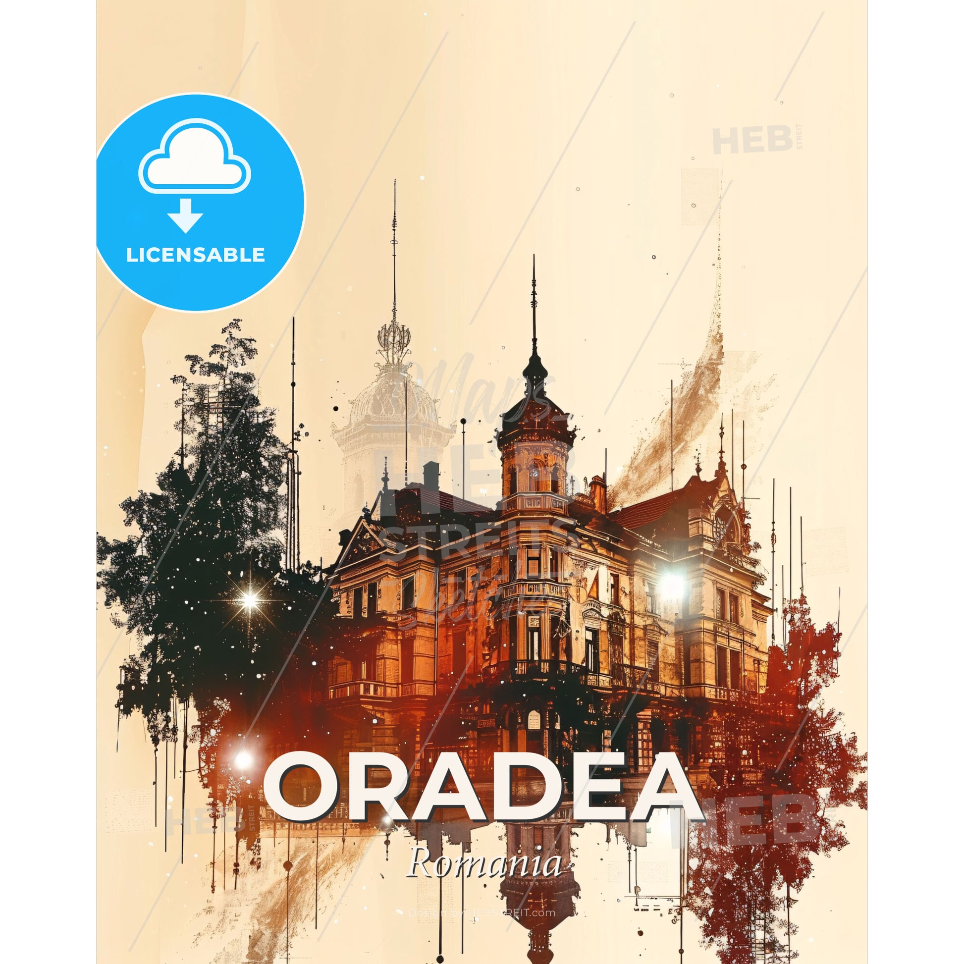 Oradea: Cityscape Composite Art Poster - A building with trees and lights - Square format print template
