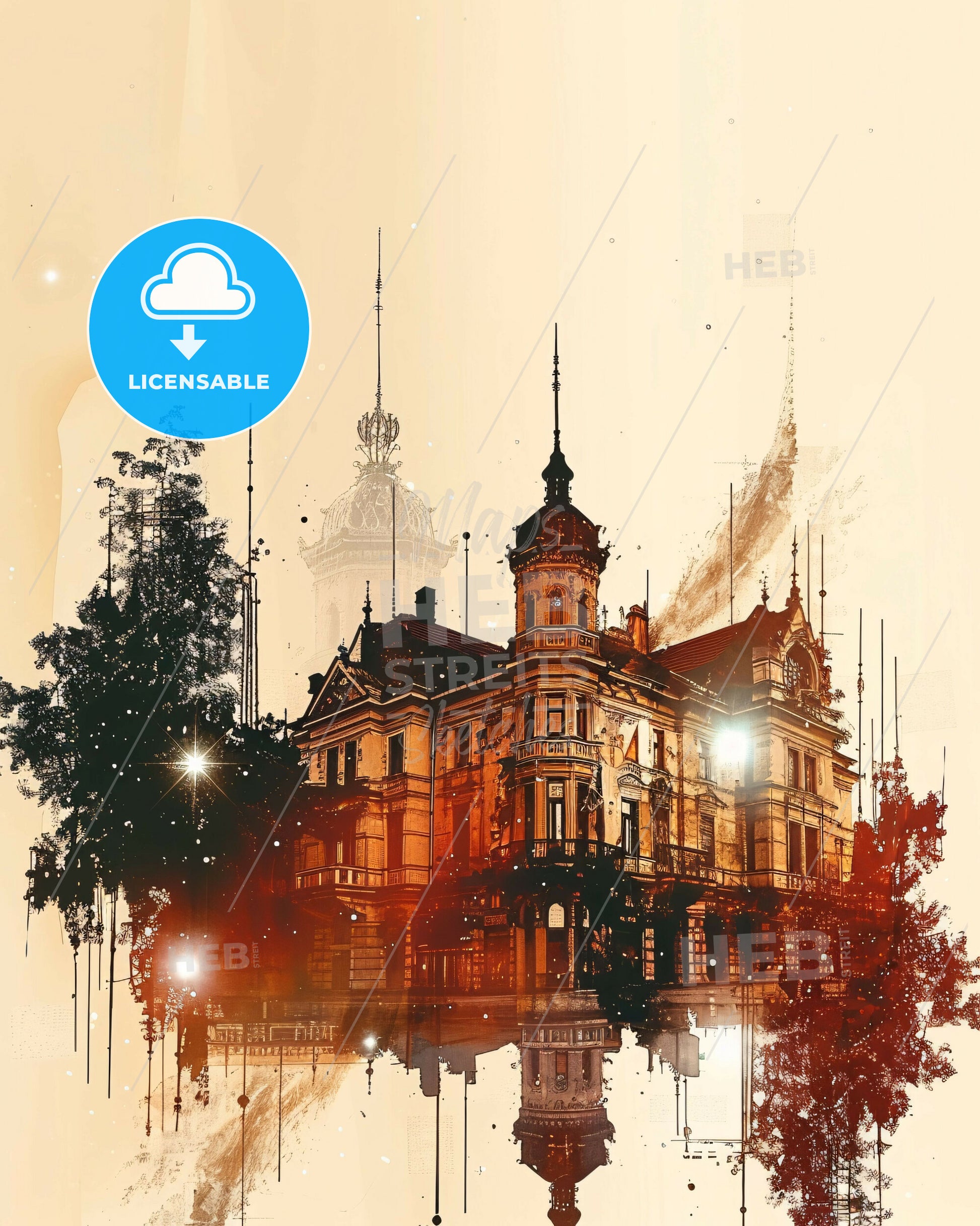 Oradea: Cityscape Composite Art Poster - A building with trees and lights