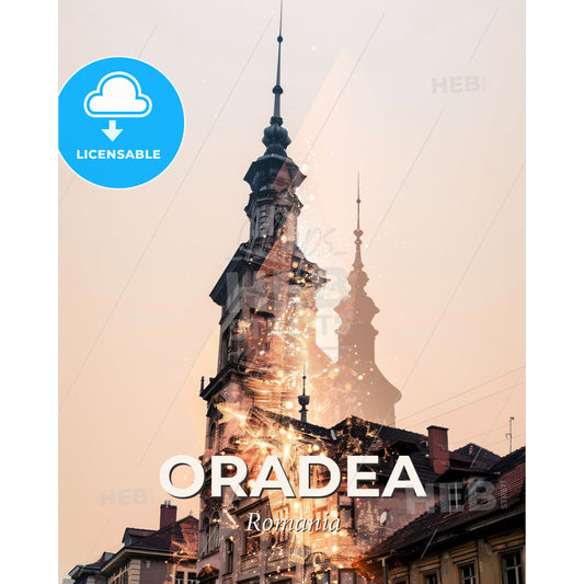 Oradea: City, Culture, Architecture in Vibrant Harmony - A building with a tower and fireworks - Square format print template