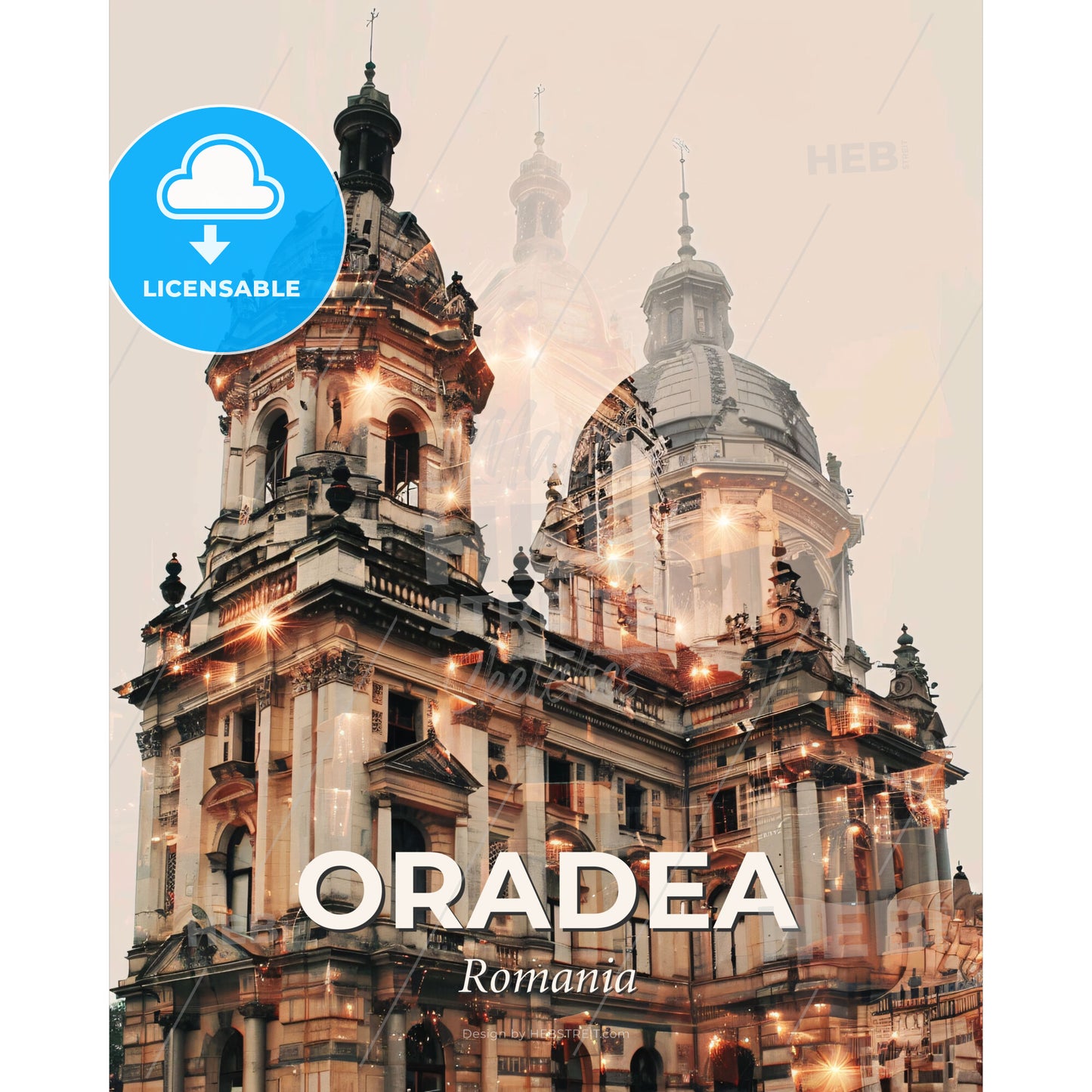 Oradea Oradea City Skyline City Art Bright Lights - A large building with a dome shaped roof - Square format print template