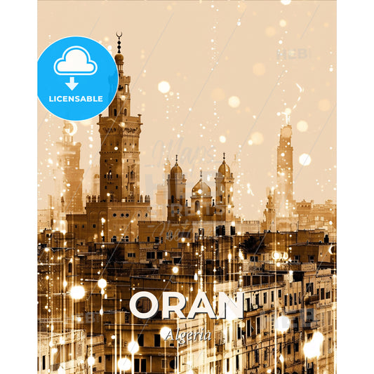 Oran, Algeria: Dreamy Cityscape Art Poster - A city with many towers and lights - Square format print template
