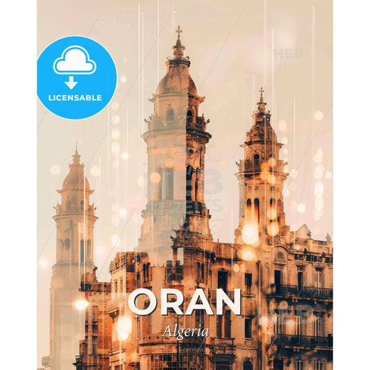 Oran Skyline Double Exposure Art Poster - A building with towers and lights - Square format print template
