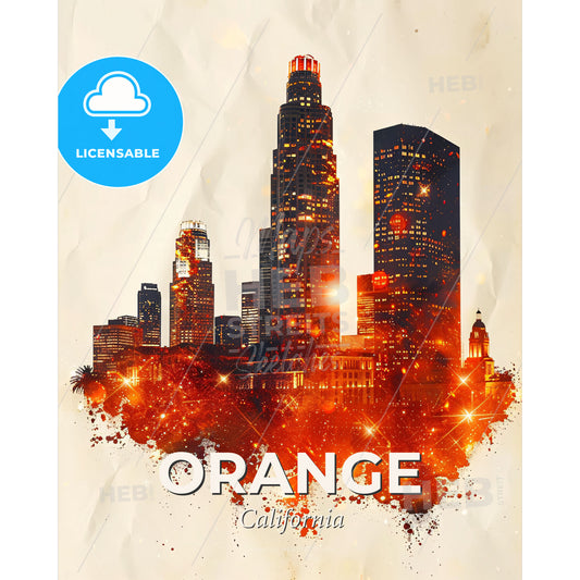 Orange City Skyline Double Exposure Composite Art Design - A city skyline with fire - Square format print template