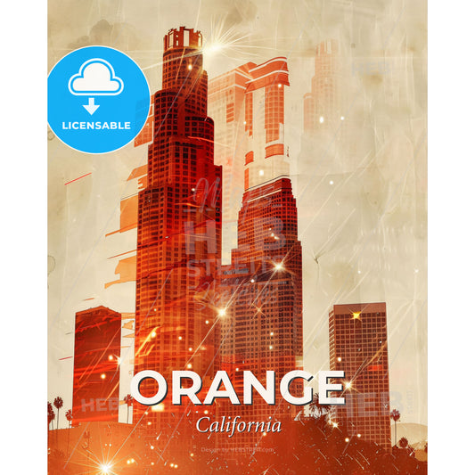 Orange City Skyline Composite Art - A city skyline with many tall buildings - Square format print template