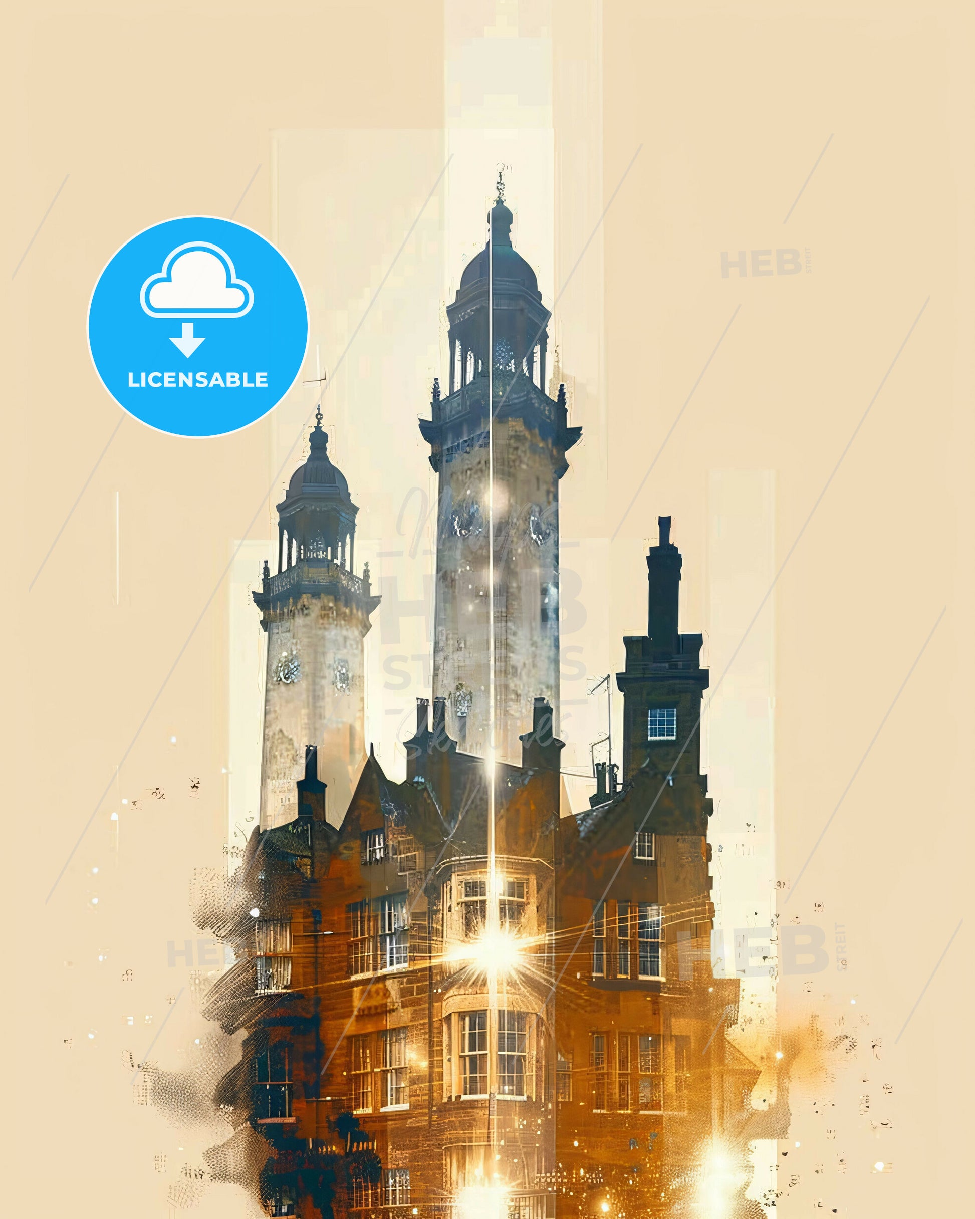 Orkney Mainland Skyline Art Composite Bright Local Colors - A building with towers and a light shining through it