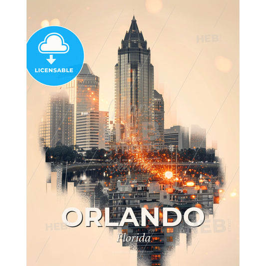 Orlando Skyline Cityscape Beige Sparkles - A city skyline with many buildings and a body of water - Square format print template