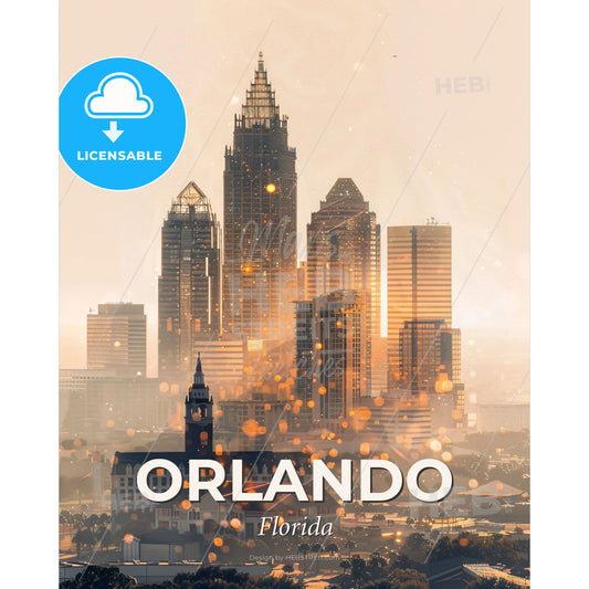 Orlando Florida City Skyline Art Poster - A city skyline with many tall buildings - Square format print template