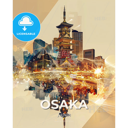 Osaka Skyline: Double Exposure Art Poster - A cityscape with a tower and lights - Square format print template