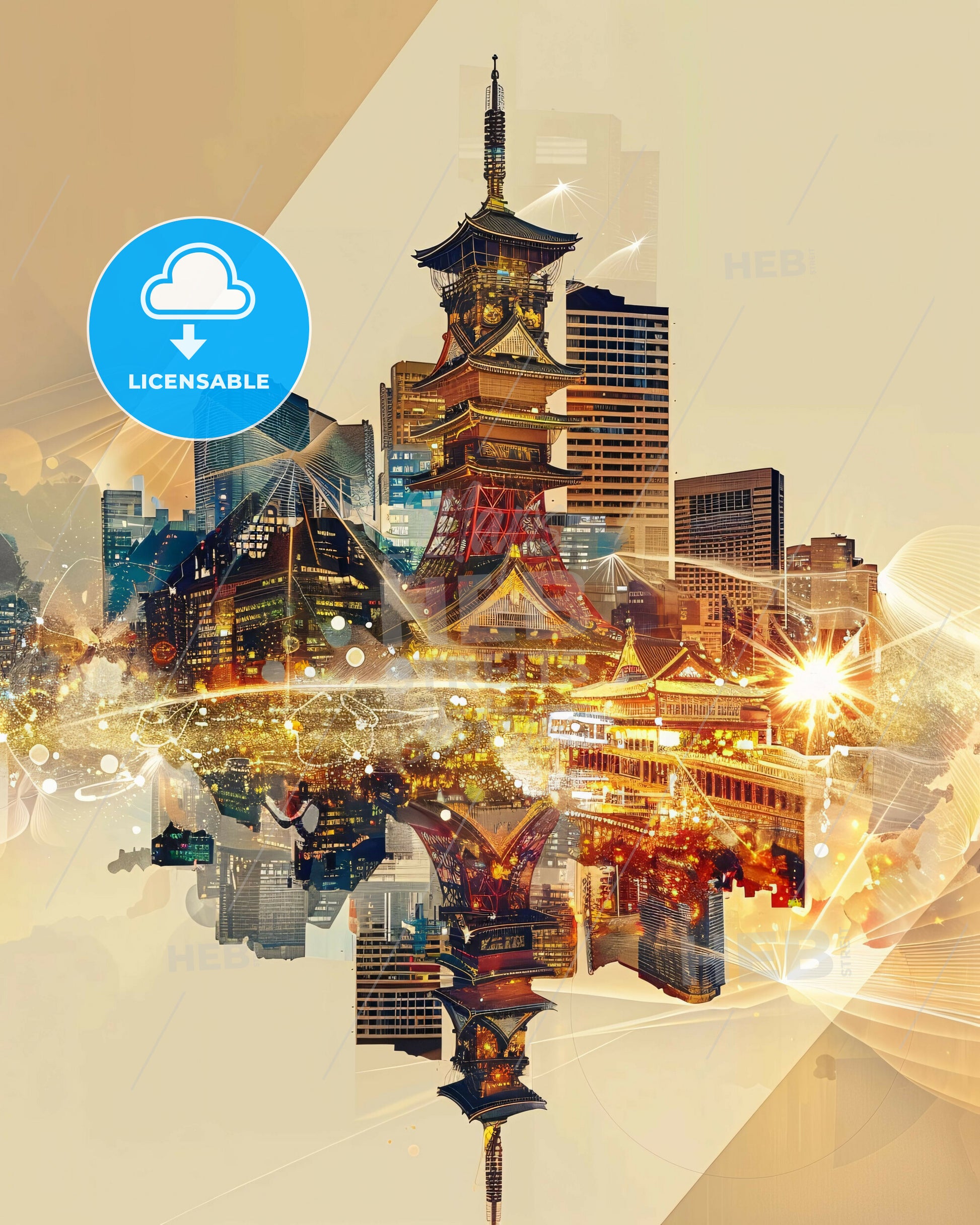 Osaka Skyline: Double Exposure Art Poster - A cityscape with a tower and lights