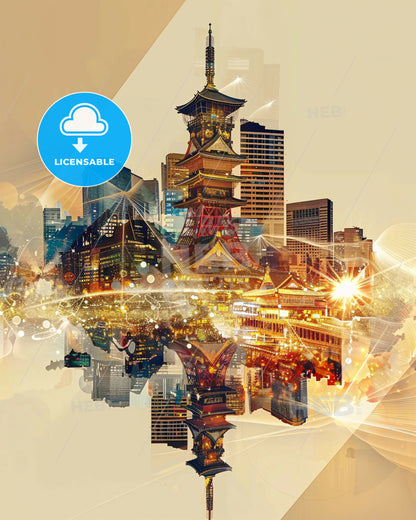 Osaka Skyline: Double Exposure Art Poster - A cityscape with a tower and lights