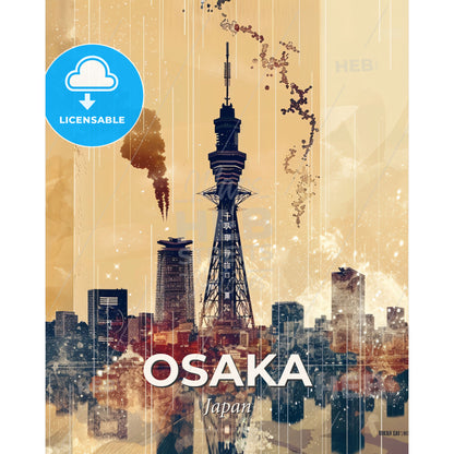 Osaka Skyline Beauty in Beige with Sparkles - A city with a tower - Square format print template