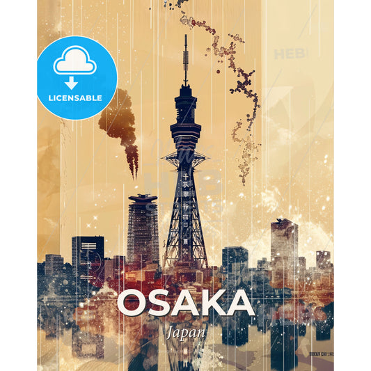 Osaka Skyline Beauty in Beige with Sparkles - A city with a tower - Square format print template