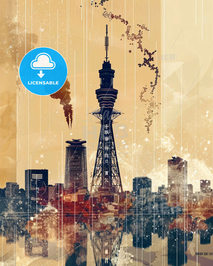 Osaka Skyline Beauty in Beige with Sparkles - A city with a tower