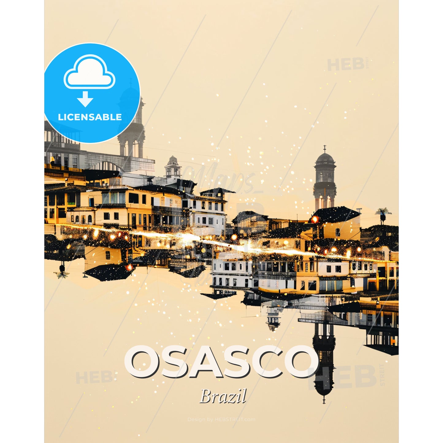 Osasco Skyline Double Exposure Night Sparkle - A city with buildings and lights reflecting in water - Square format print template