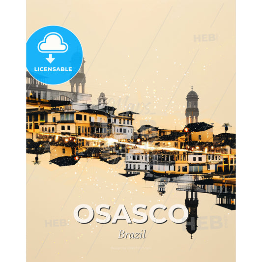 Osasco Skyline Double Exposure Night Sparkle - A city with buildings and lights reflecting in water - Square format print template