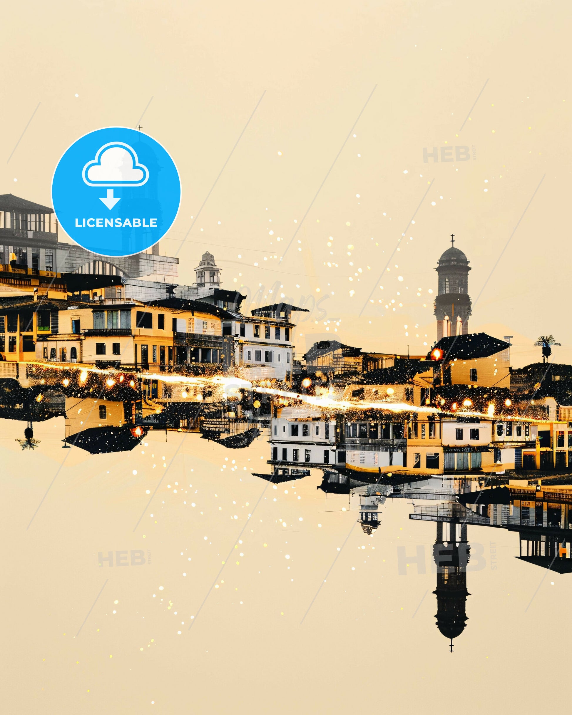 Osasco Skyline Double Exposure Night Sparkle - A city with buildings and lights reflecting in water