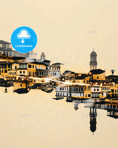 Osasco Skyline Double Exposure Night Sparkle - A city with buildings and lights reflecting in water