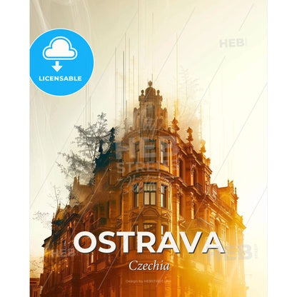 Ostrava Skyline Composite Art Poster - A building with trees on top - Square format print template