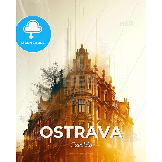 Ostrava Skyline Composite Art Poster - A building with trees on top - Square format print template