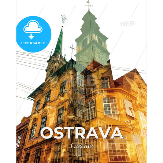 Ostrava Skyline Doppelganger Panorama Poster - A building with a tower - Square format print template