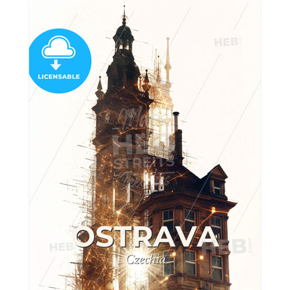 Ostrava Skyline Double Exposure Art Print - A building with a clock tower - Square format print template