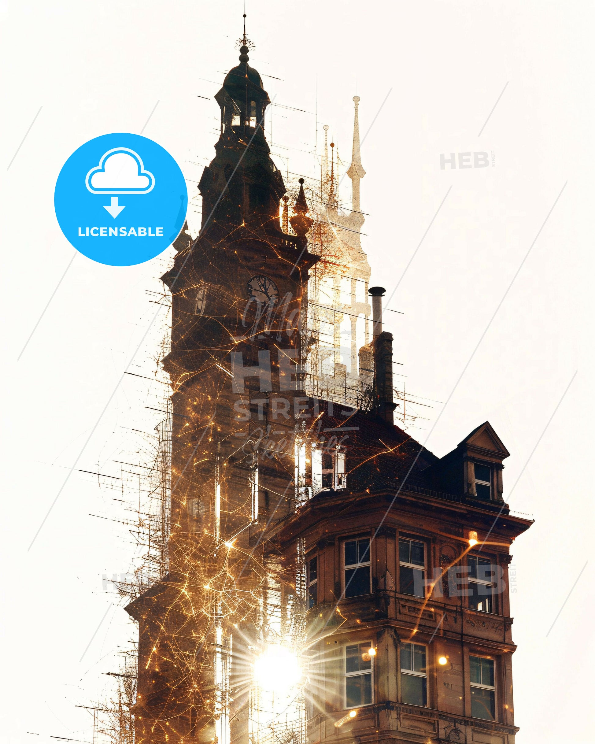Ostrava Skyline Double Exposure Art Print - A building with a clock tower