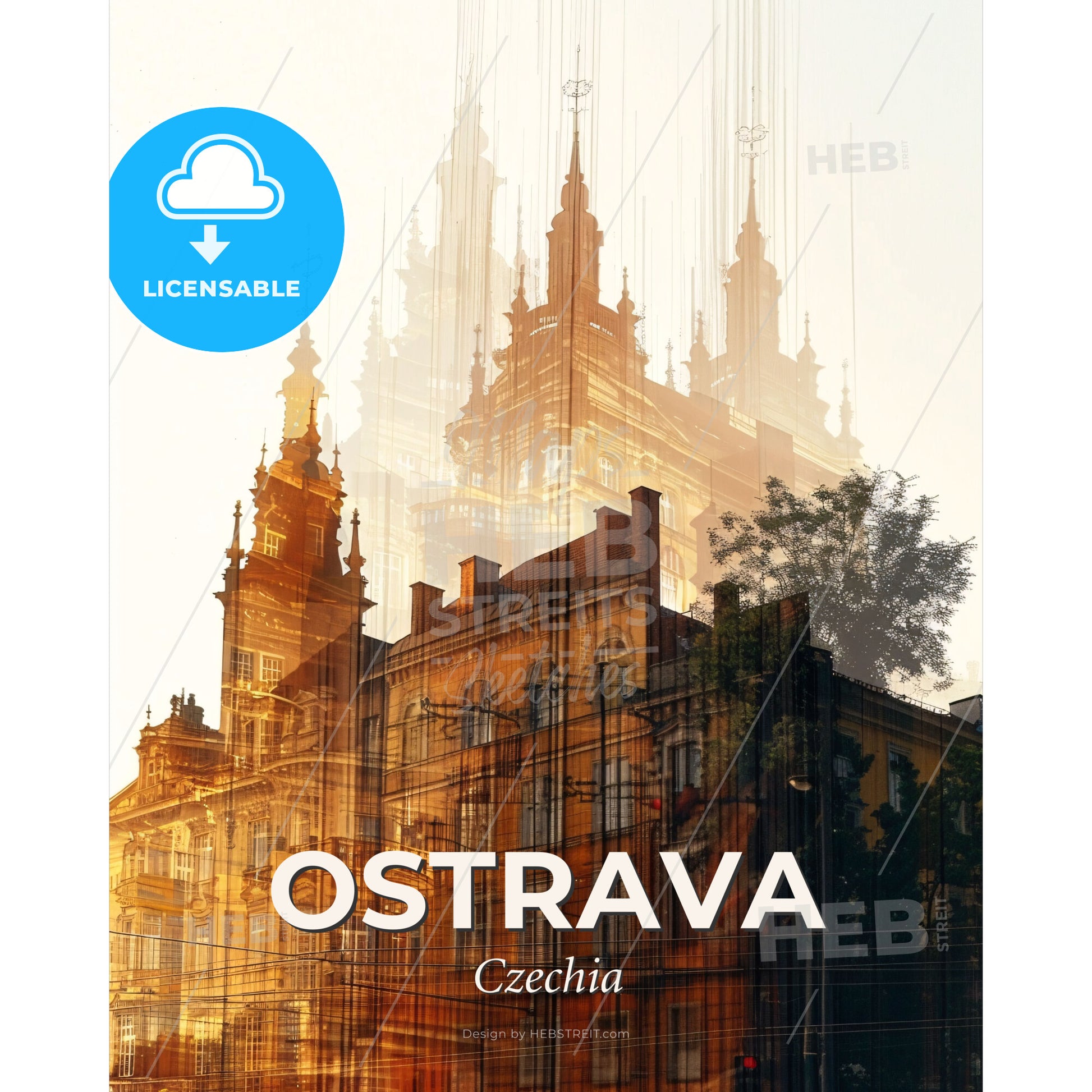 Ostrava City Blisters Bright Beige Poster Art - A building with towers and trees - Square format print template