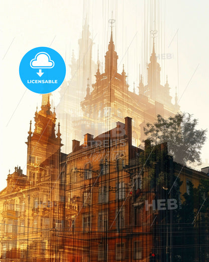 Ostrava City Blisters Bright Beige Poster Art - A building with towers and trees