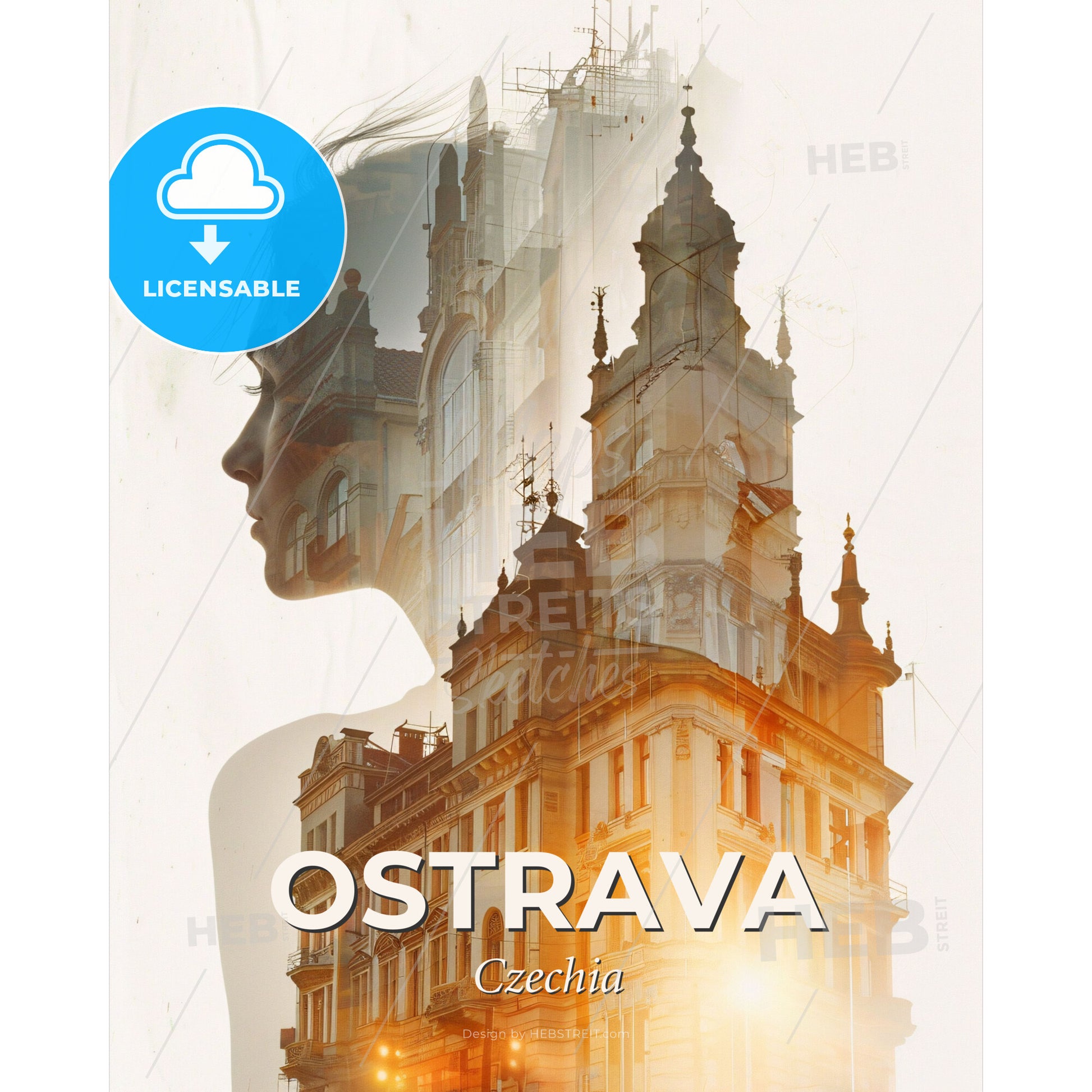 Ostrava Skylight Illusion Cityscape Art Poster - A woman's face and a building - Square format print template