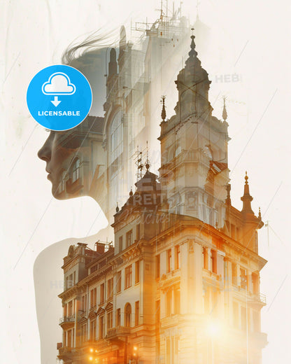 Ostrava Skylight Illusion Cityscape Art Poster - A woman's face and a building