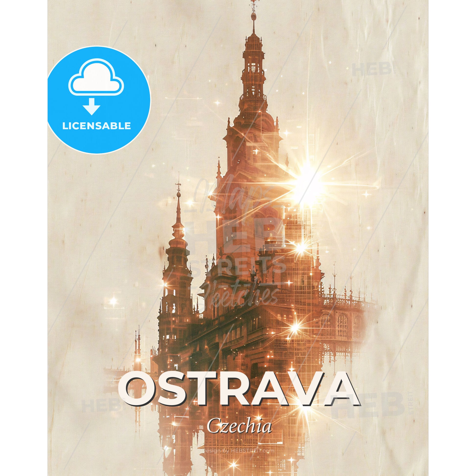 Ostrava Skyline Cityscape Modern Poster Art - A building with a tower and a light shining on it - Square format print template