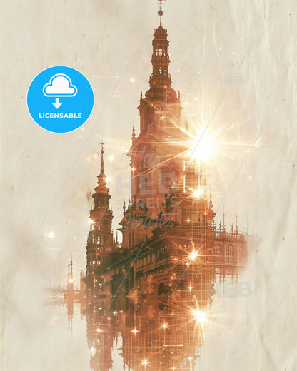 Ostrava Skyline Cityscape Modern Poster Art - A building with a tower and a light shining on it