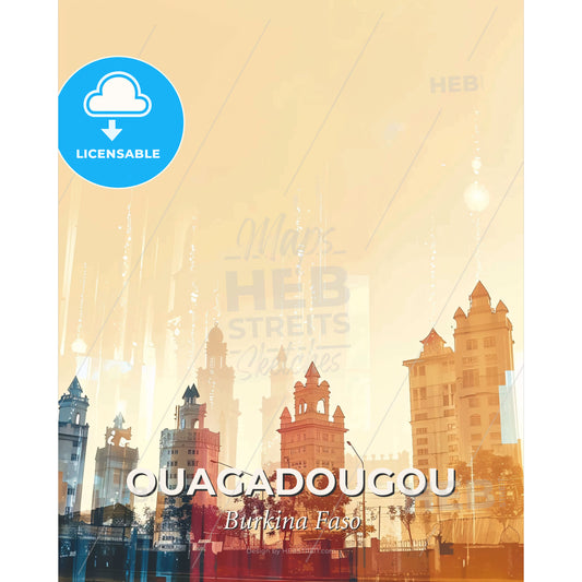 Ouagadougou Skyline Poster with Local Architecture Icons - A city skyline with buildings and trees - Square format print template