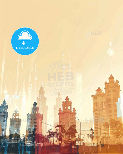 Ouagadougou Skyline Poster with Local Architecture Icons - A city skyline with buildings and trees