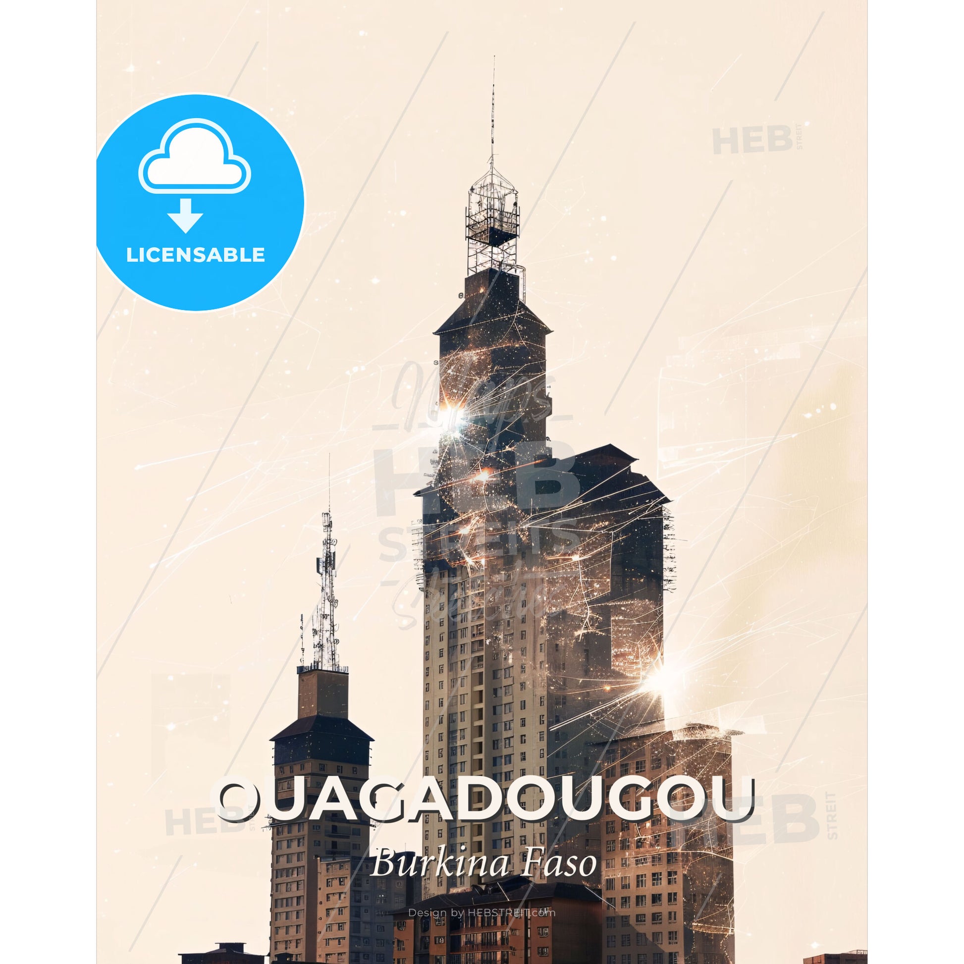 Ouagadougou Skyline Double Exposure Art Poster - A tall building with many windows - Square format print template