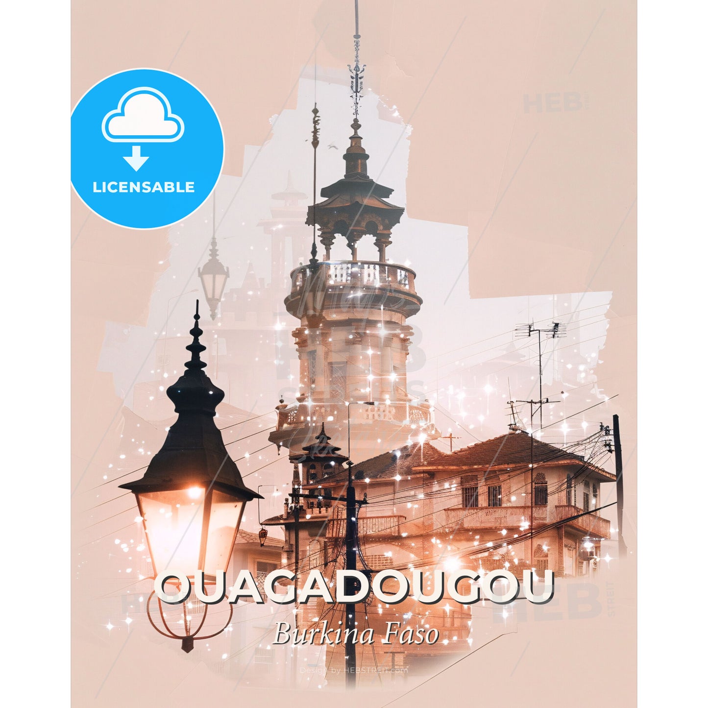 Ouagadougou: Local Architectural Skyline Art in a Beige Dream - A building with a tower and a street lamp - Square format print template