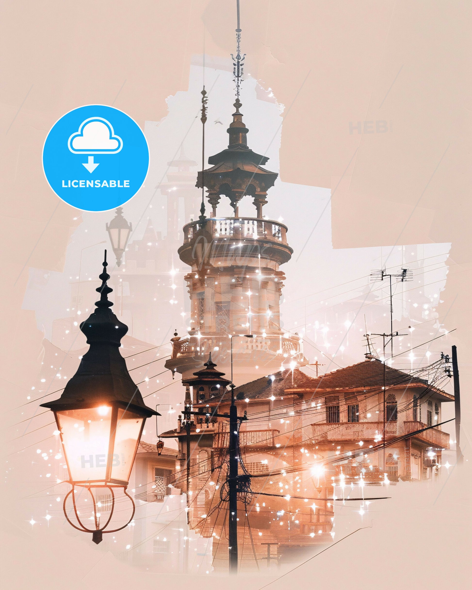 Ouagadougou: Local Architectural Skyline Art in a Beige Dream - A building with a tower and a street lamp