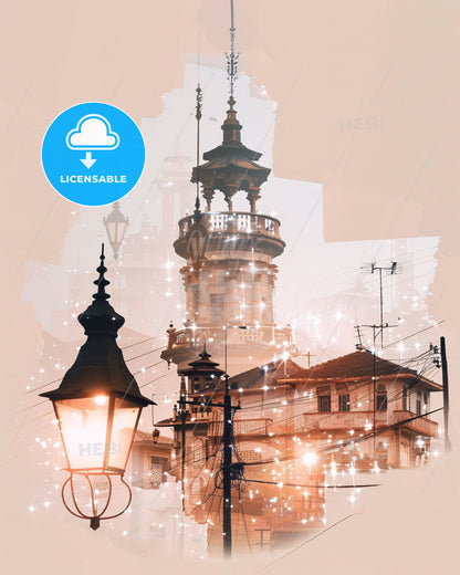 Ouagadougou: Local Architectural Skyline Art in a Beige Dream - A building with a tower and a street lamp