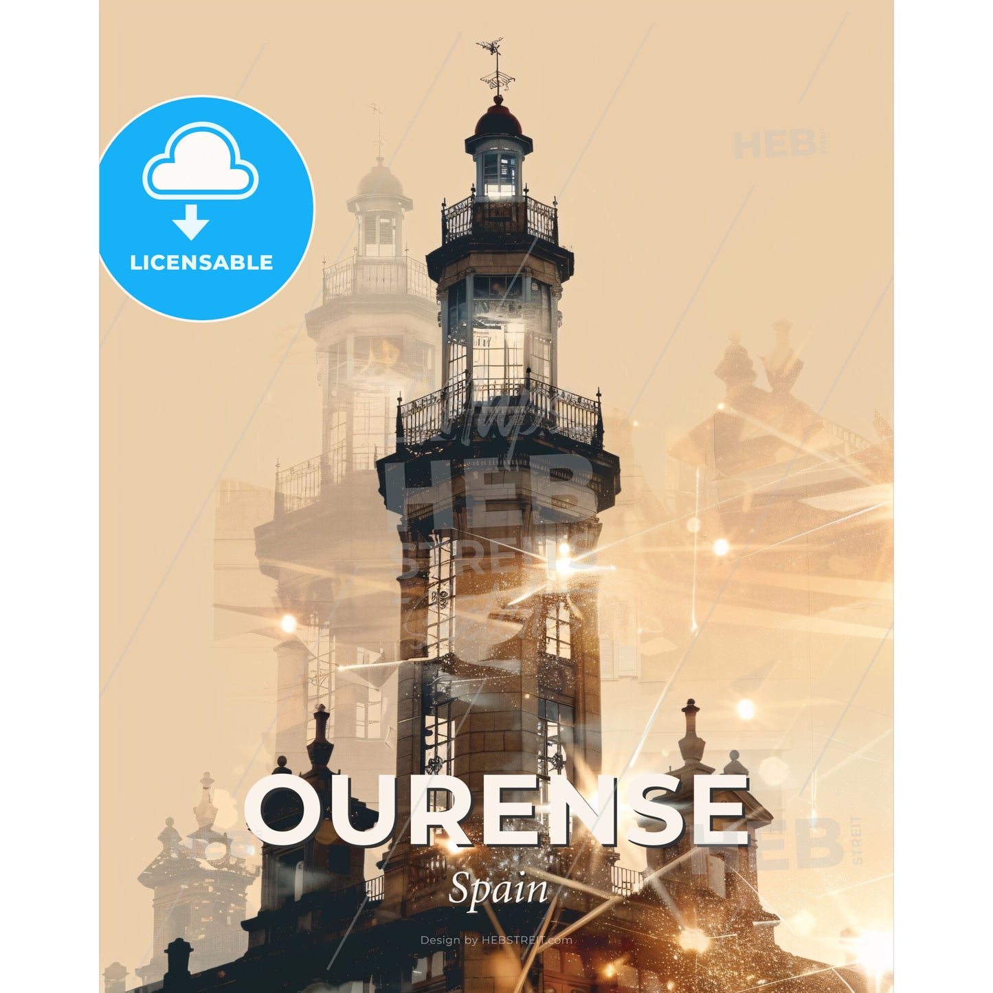Ourense City Skyline Composite Art Poster - A tall building with a tower - Square format print template