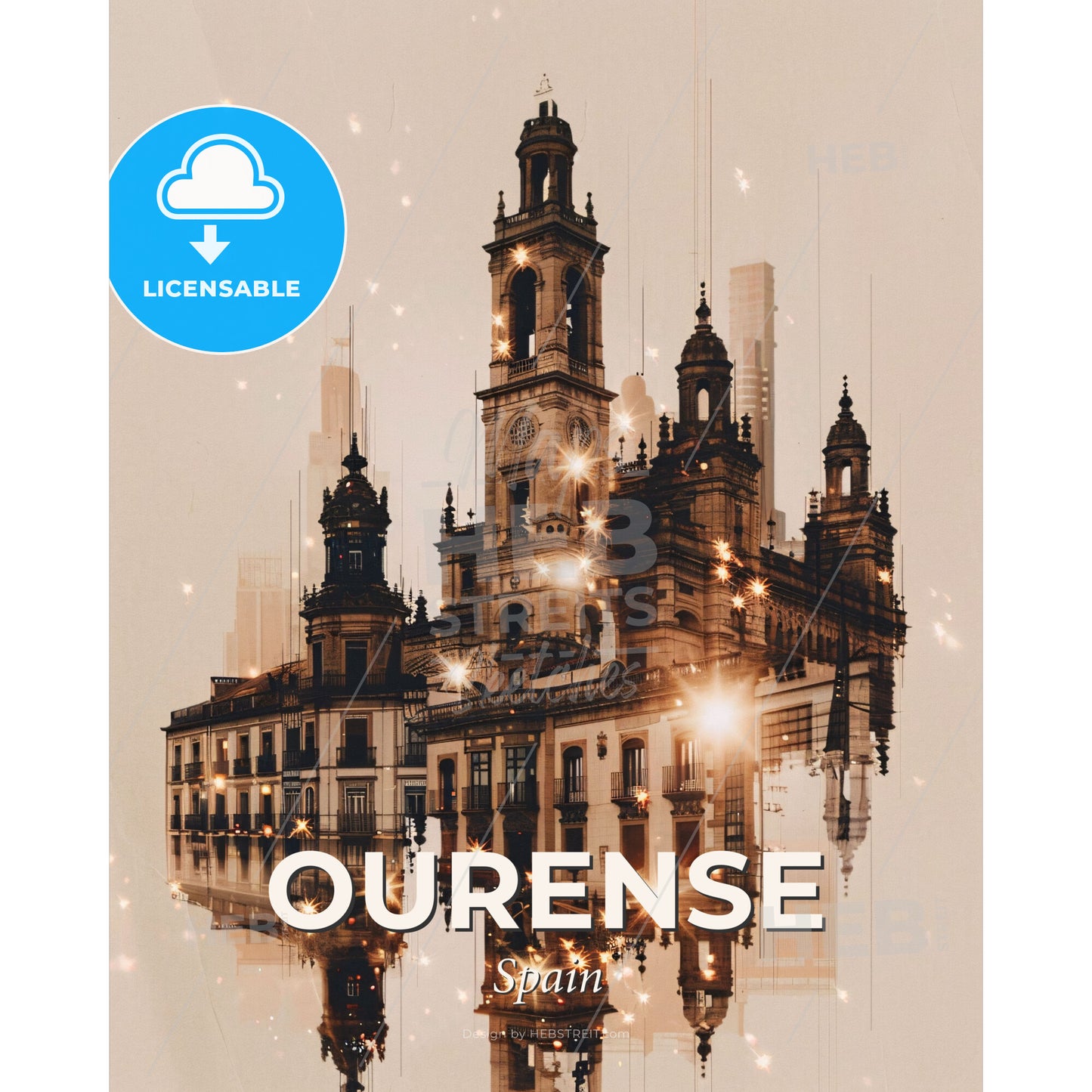 Ourense: Skyline Icons in Double Exposure Art - A building with a tower and a reflection of lights - Square format print template
