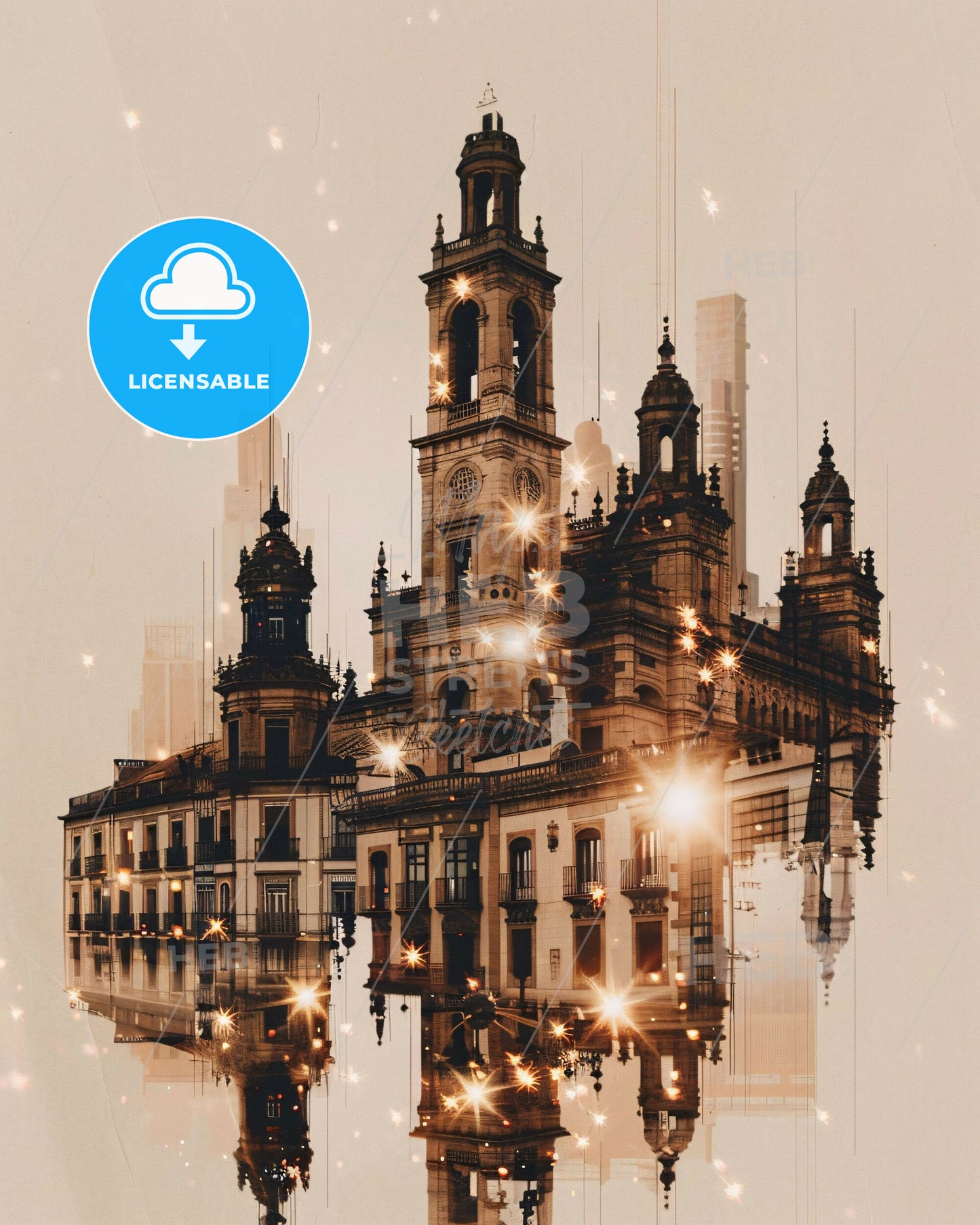 Ourense: Skyline Icons in Double Exposure Art - A building with a tower and a reflection of lights
