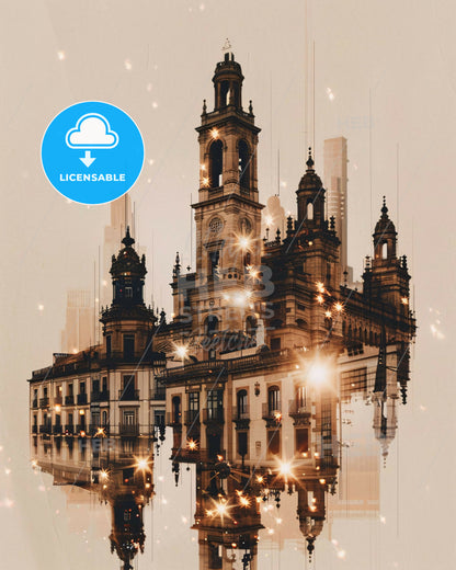 Ourense: Skyline Icons in Double Exposure Art - A building with a tower and a reflection of lights