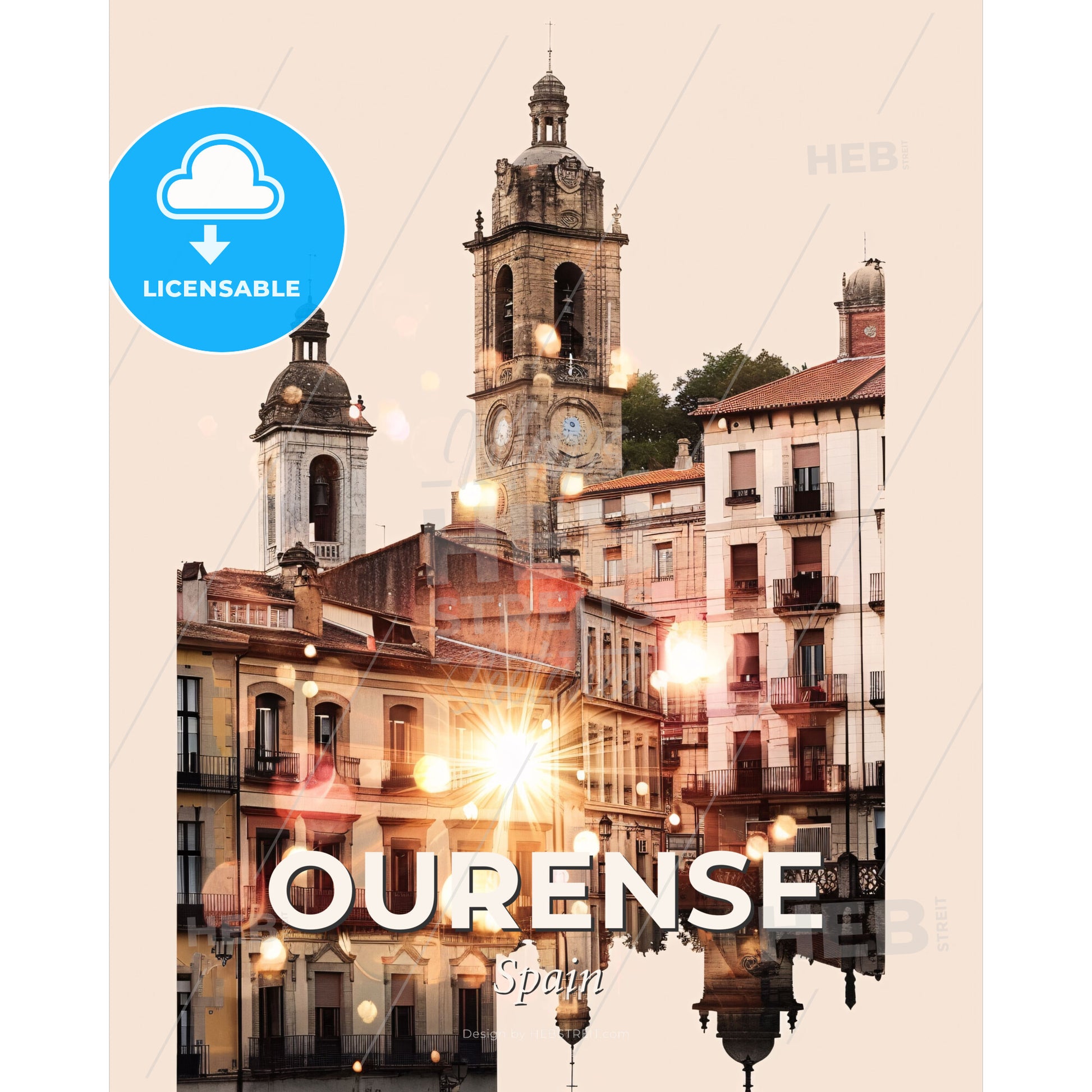 Ourense Cityscape Composite Art Poster - A building with a clock tower - Square format print template