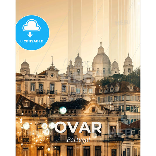 Ovar Skyline Poster: Double Exposure Splendor - A group of buildings with a dome on top - Square format print template