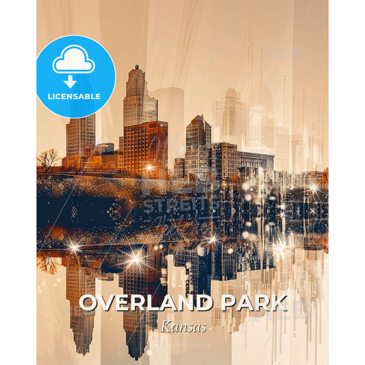Overland Park Kansas Double Exposure Skyline - A city skyline with lights reflecting on water - Square format print template