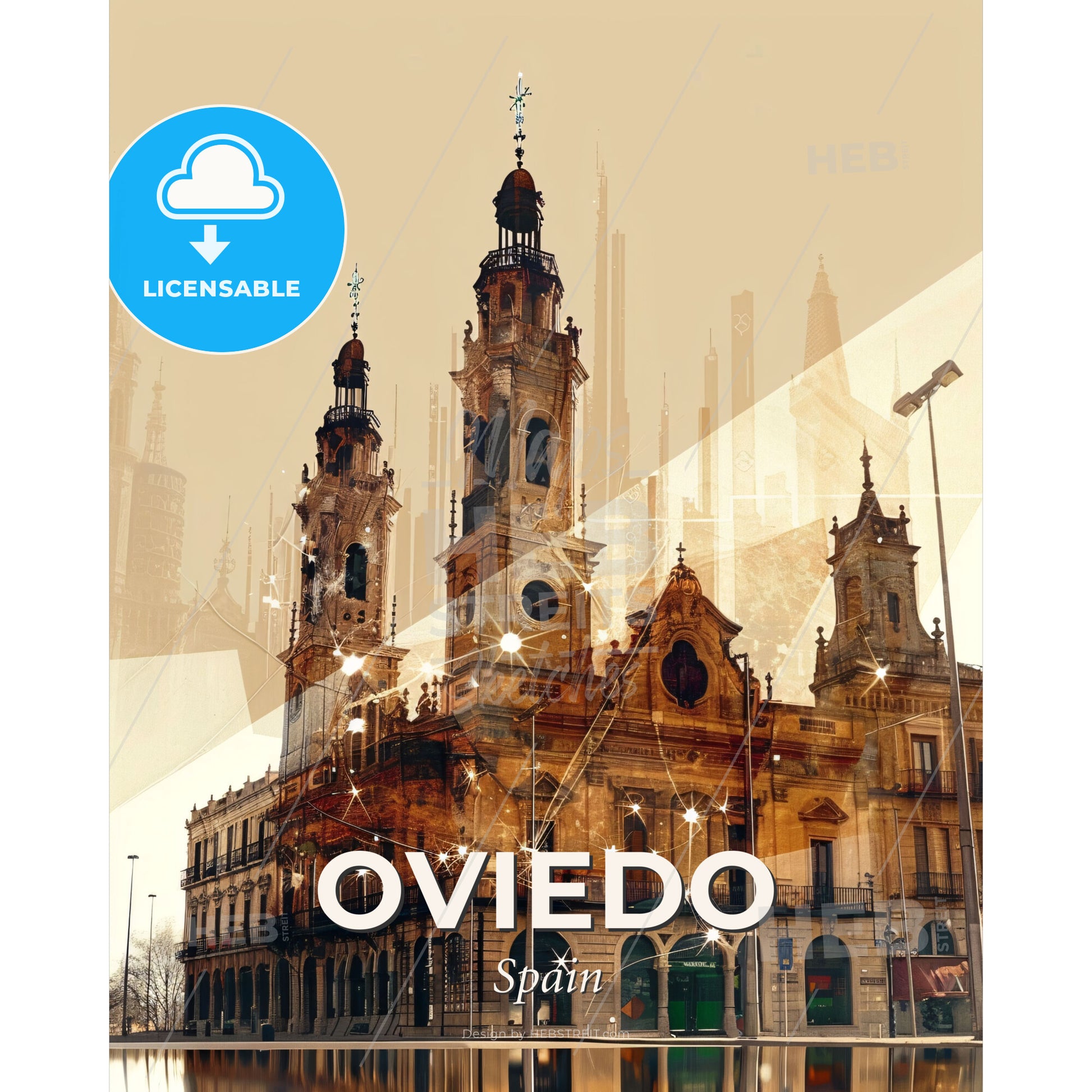 Oviedo Skyline Night Magic Art Poster - A building with towers and a city skyline - Square format print template