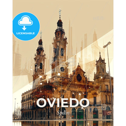 Oviedo Skyline Night Magic Art Poster - A building with towers and a city skyline - Square format print template